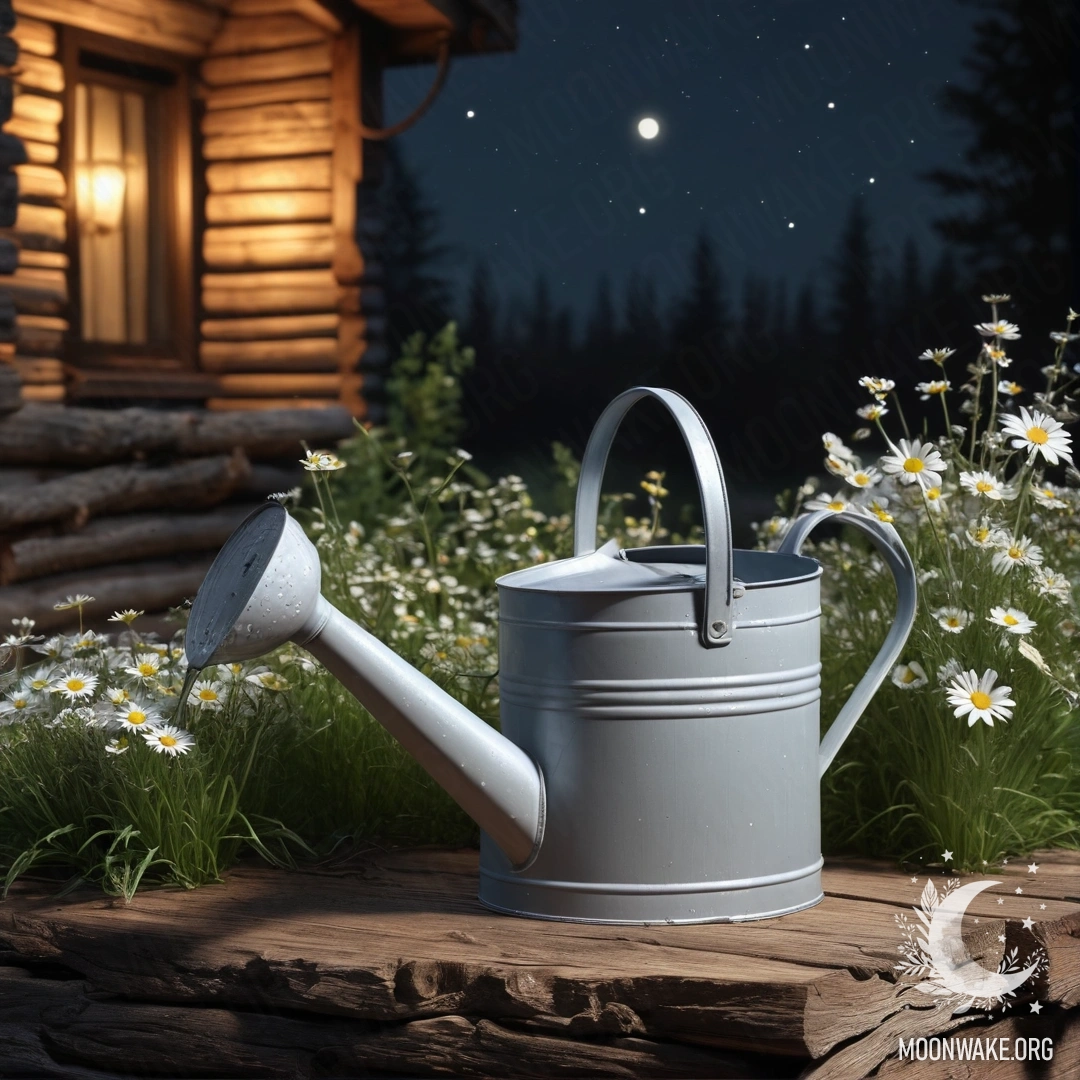 A weathered watering can with daisies and field herbs against a log wall at nighttime.