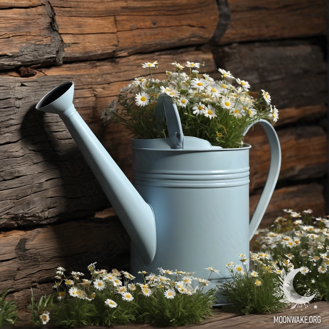 A vintage shabby watering can filled with daisies and field herbs against a log wall at night.