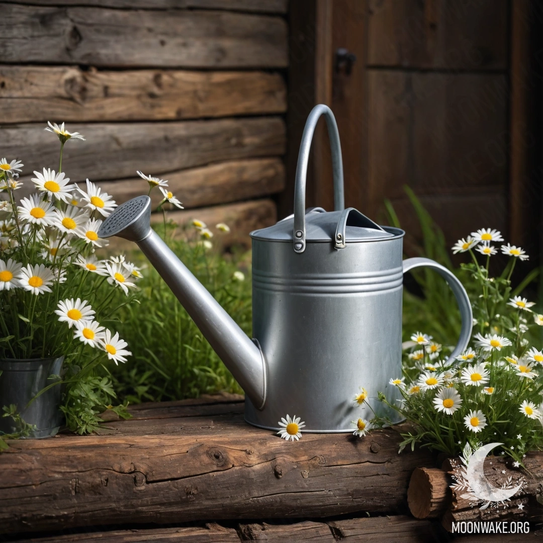 A vintage shabby watering can filled with daisies and field herbs against a log wall at night.