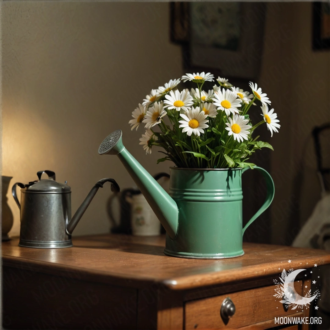 Vintage Watering Can with Daisies at Night A vintage green watering can filled with daisies on a nightstand at night.