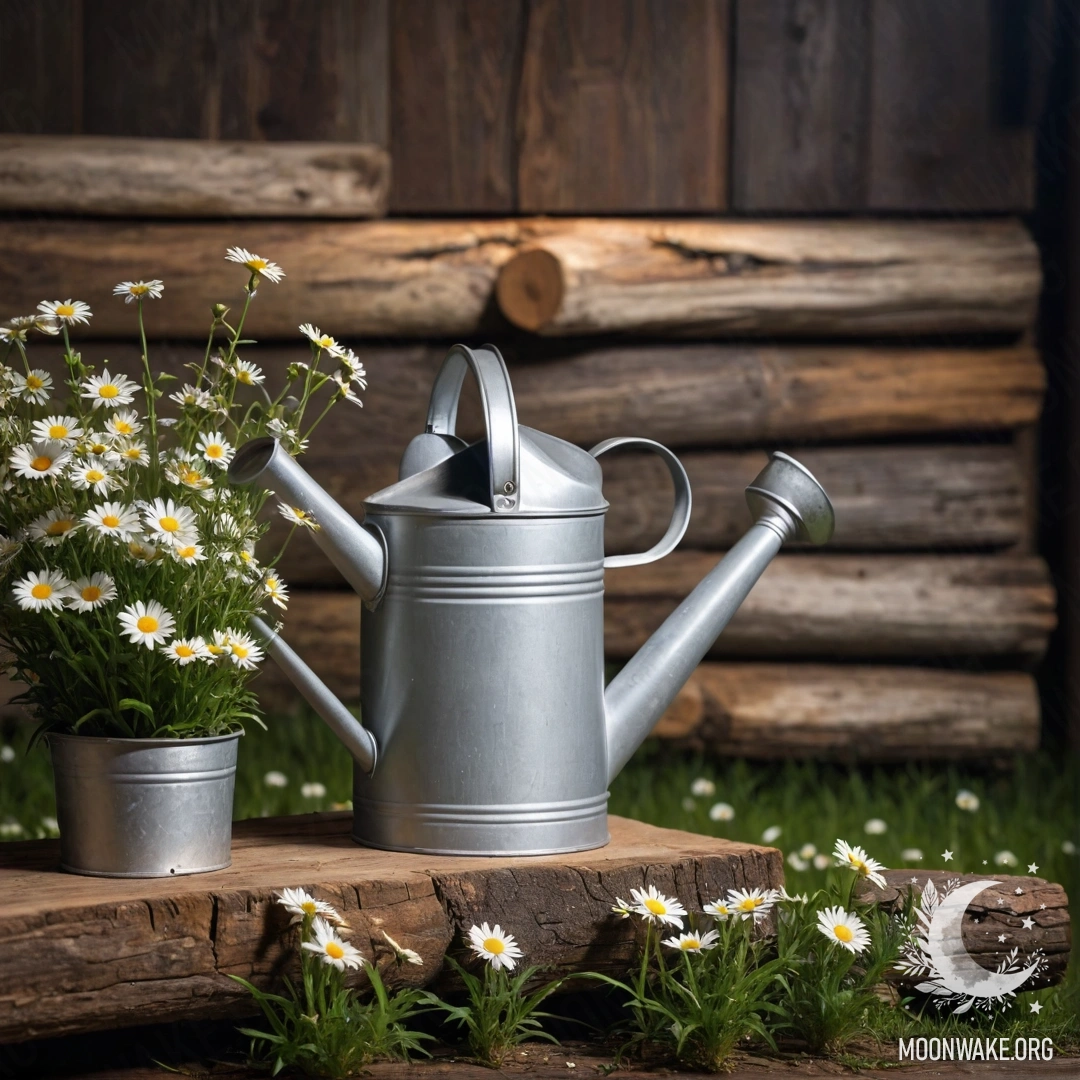 A vintage shabby watering can with daisies and field herbs against a log wall at night.