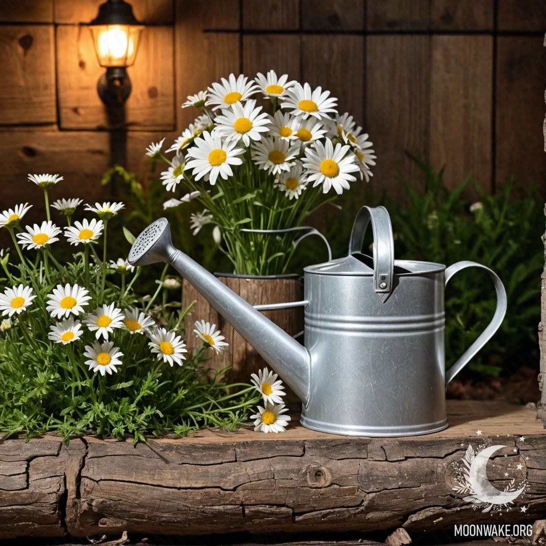 A vintage, shabby watering can with daisies and field herbs against a log wall at night.