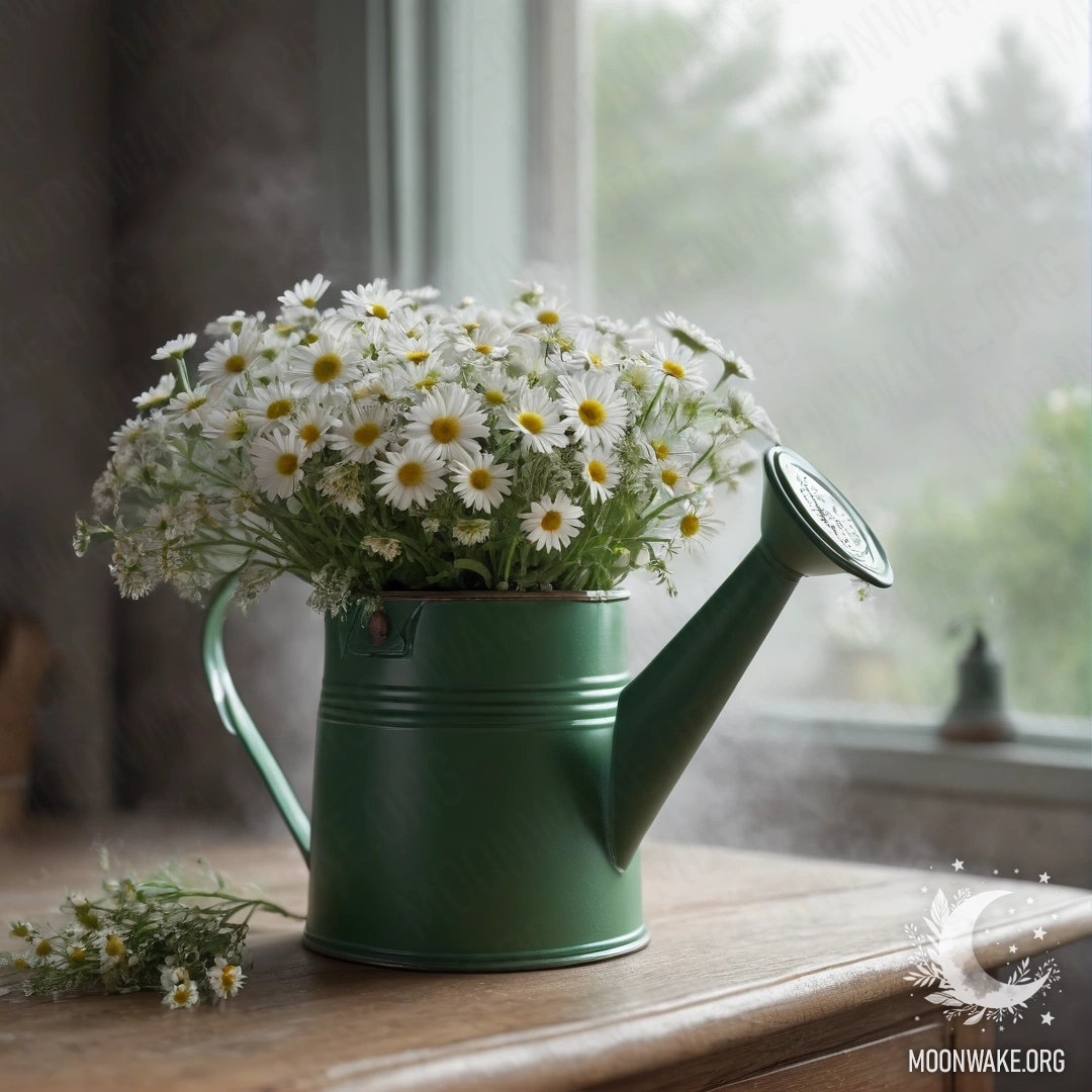 Vintage Watering Can with Daisies on Nightstand A vintage green watering can with daisies sits on a nightstand, surrounded by dense fog.