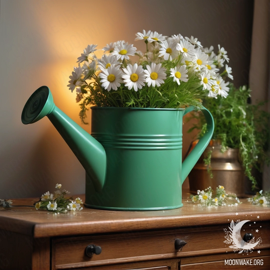 A vintage green watering can with daisies and garland lights on a nightstand.