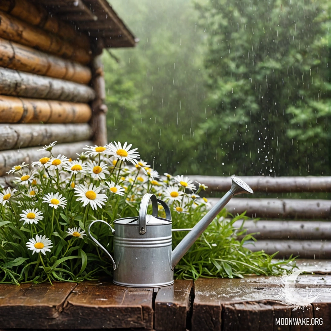 A rustic watering can sits under the rain, surrounded by daisies and field herbs against a log wall background.