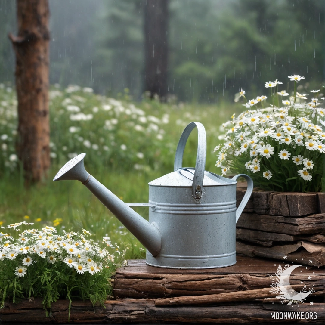 Vintage Watering Can Under Rain with Daisies A vintage shabby watering can with daisies and field herbs on a log wall under the rain.