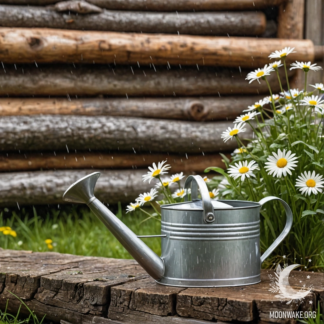 Vintage Watering Can with Daisies in the Rain A vintage shabby watering can filled with daisies and field herbs sits against a log wall, under gentle rain.