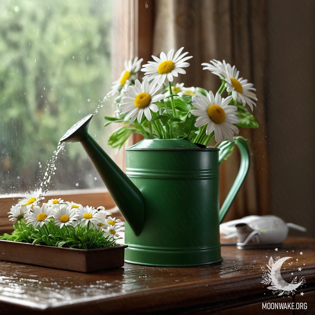 A vintage green watering can with daisies sitting on a nightstand, rain falling around it.