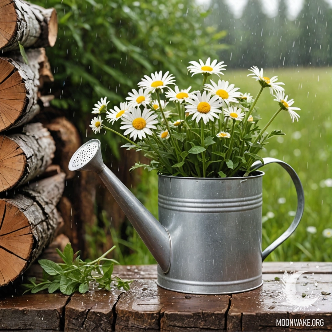 Vintage Watering Can with Daisies in the Rain A vintage shabby watering can filled with daisies and field herbs standing under rain against a log wall.