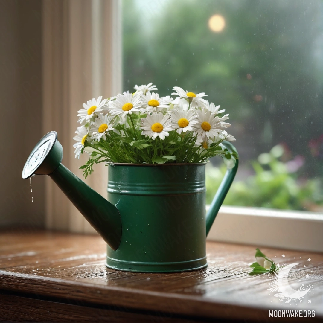 A vintage green watering can filled with daisies, resting on a nightstand, with rain gently falling.