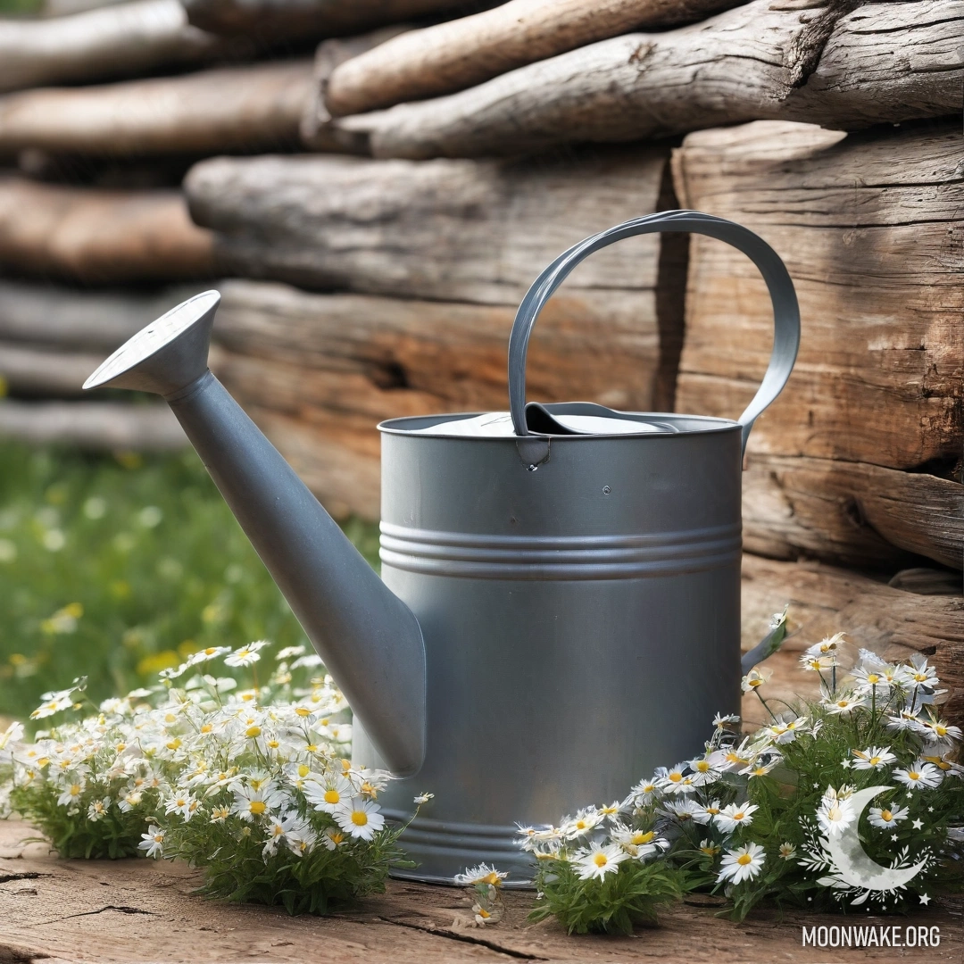 A vintage shabby watering can filled with daisies and field herbs, set against a log wall, illuminated by sun rays.