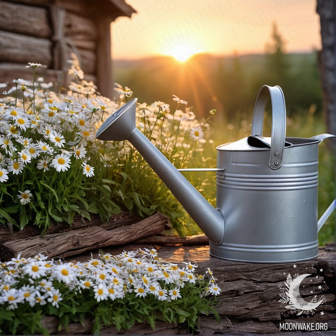 A vintage shabby watering can filled with daisies and field herbs against a log wall during sunset.