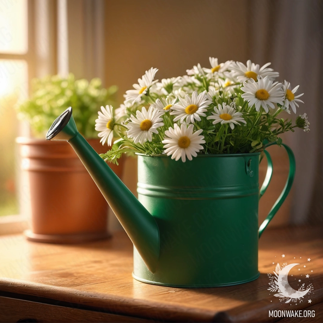 Vintage Watering Can with Daisies at Sunset A vintage green watering can with daisies on a nightstand during sunset.