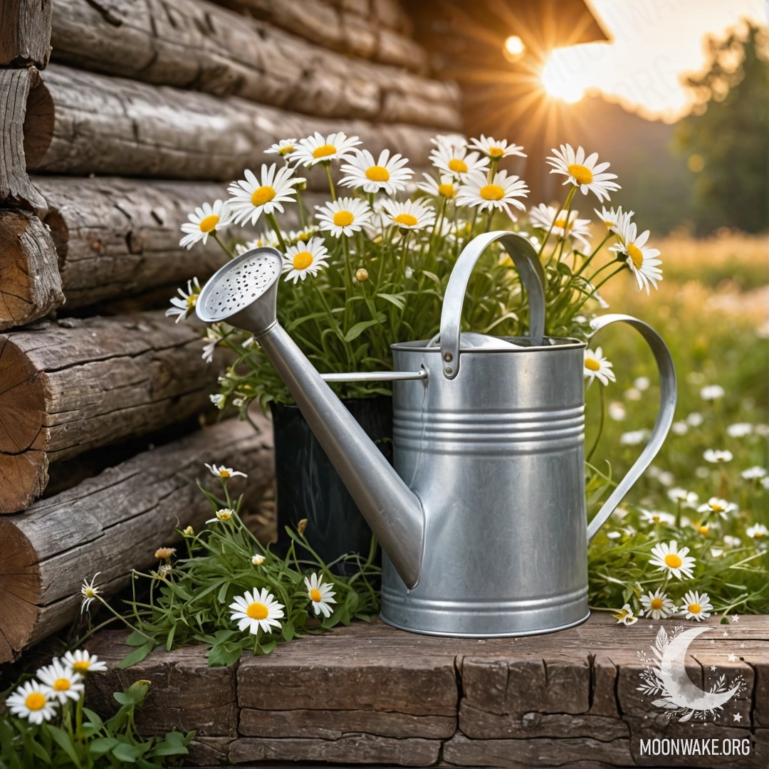 A vintage shabby watering can adorned with daisies and field herbs resting against a log wall during sunset.