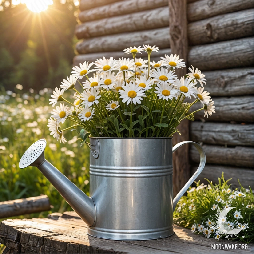 Vintage Watering Can with Daisies at Sunset A vintage shabby watering can filled with daisies and field herbs against a log wall background during sunset.