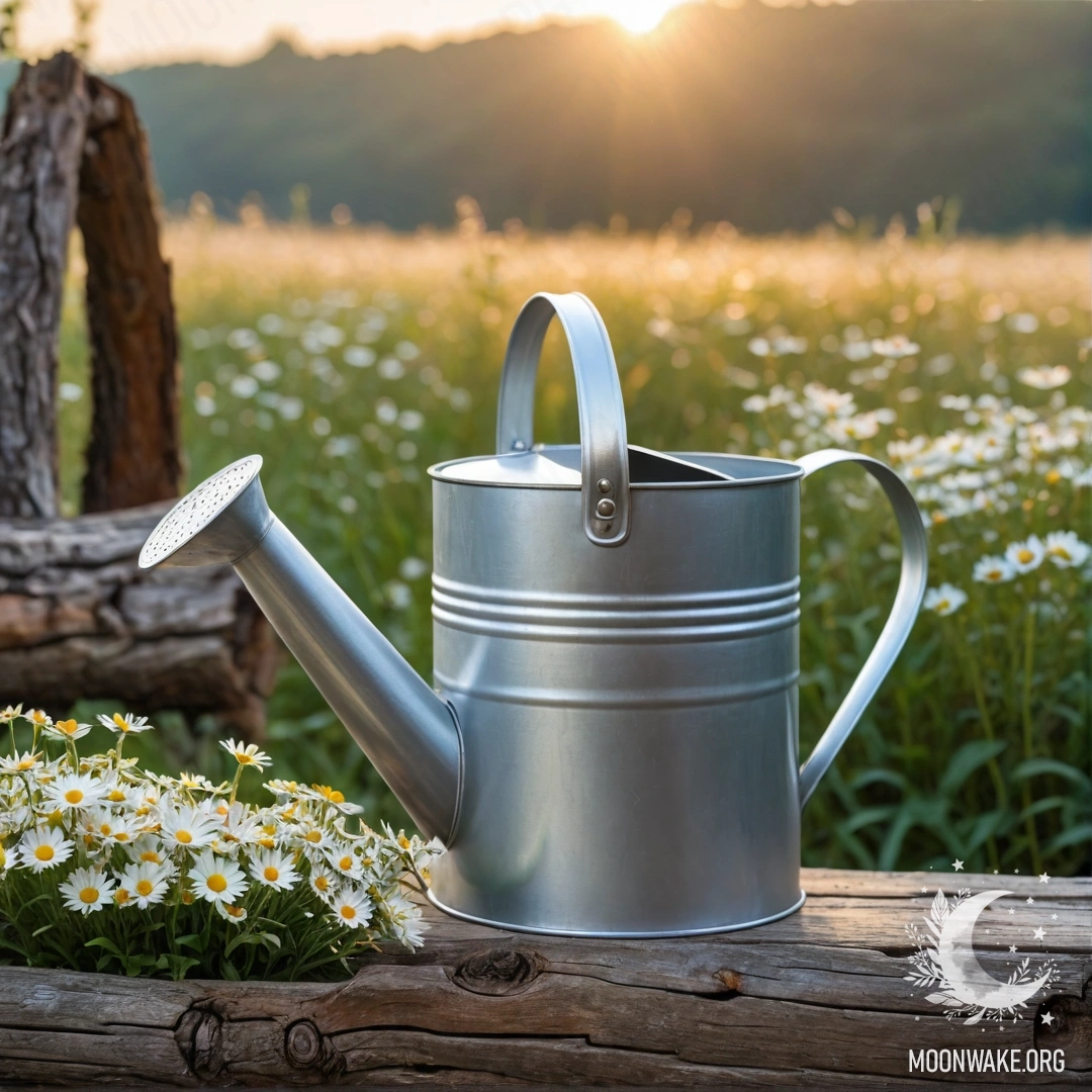 Vintage Watering Can with Daisies at Sunset A vintage shabby watering can filled with daisies and field herbs against a log wall at sunset.