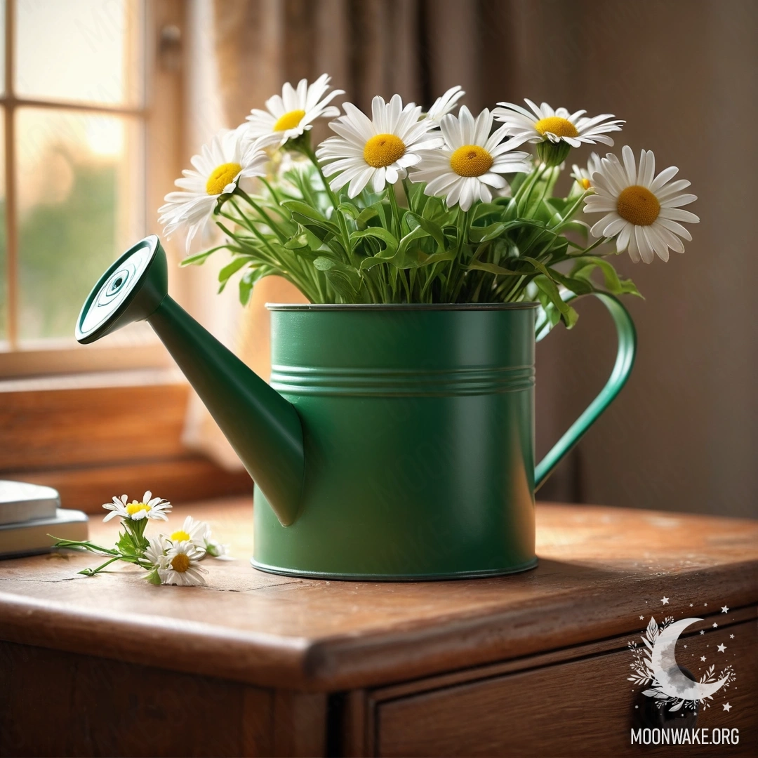 A vintage green watering can with daisies on a nightstand during sunset.