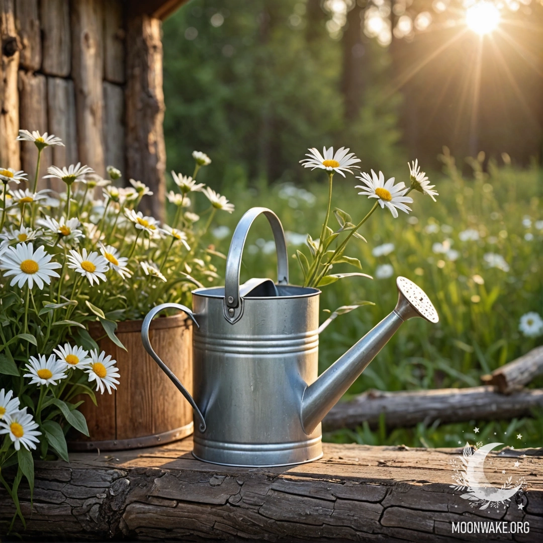 Vintage Watering Can with Daisies at Sunset A vintage shabby watering can filled with daisies and field herbs against a log wall at sunset.