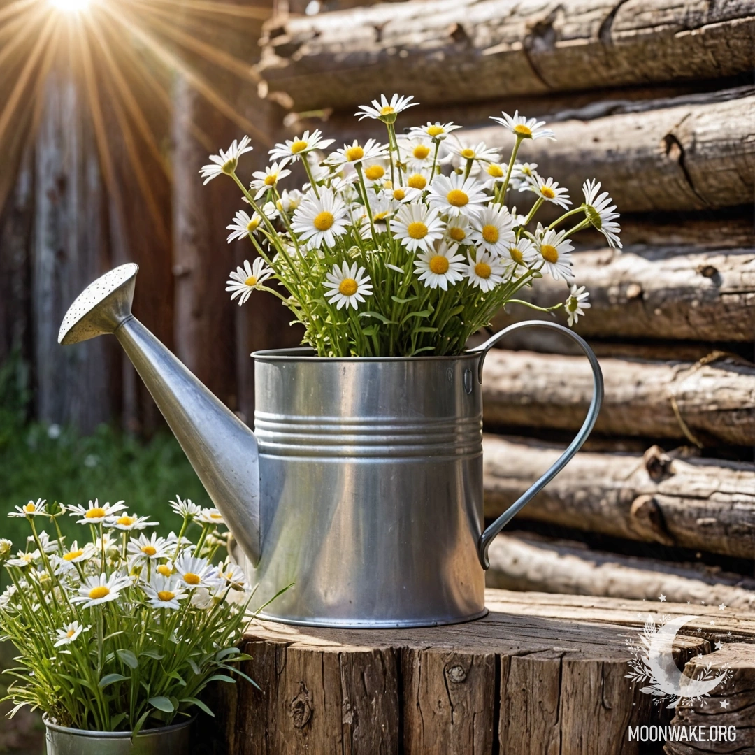 A vintage shabby watering can filled with daisies and herbs against a log wall, illuminated by sun rays.