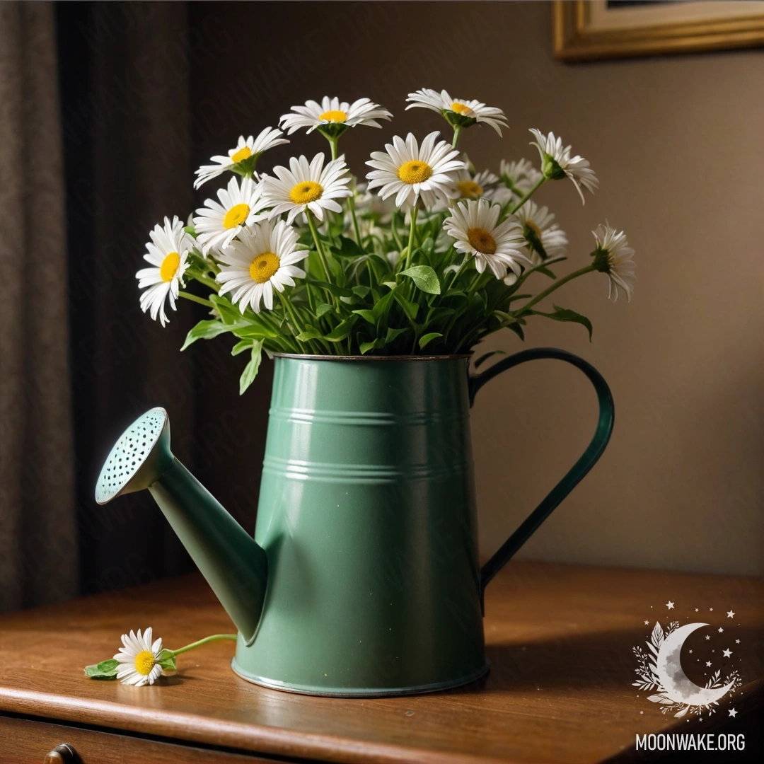 Photorealistic image of a vintage green watering can with daisies on a nightstand at night.
