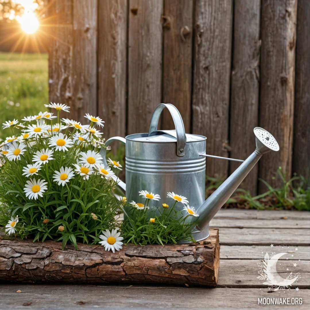 A vintage shabby watering can filled with daisies and field herbs against a log wall during sunset.