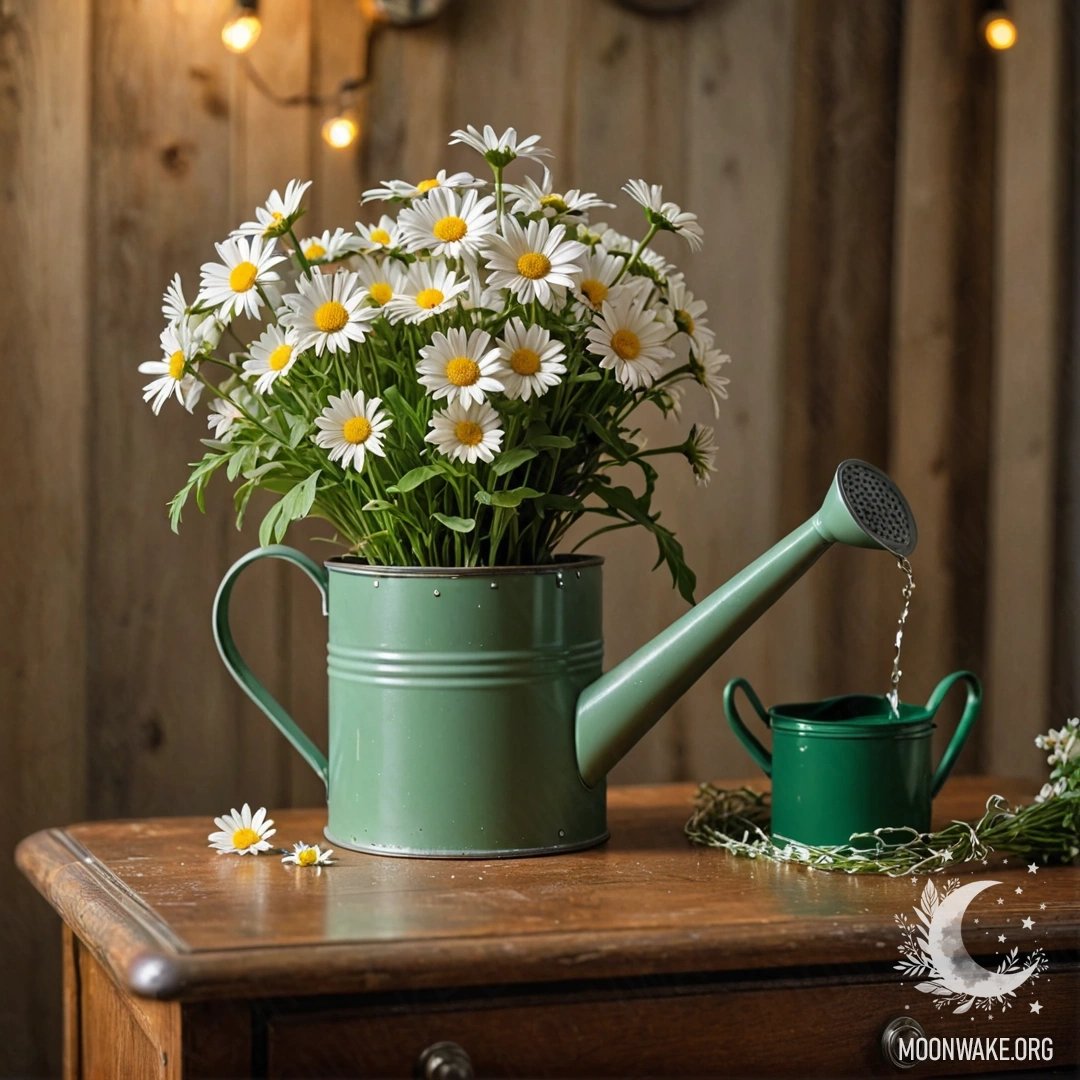 A vintage green watering can adorned with white daisies on a nightstand under soft garland lights.