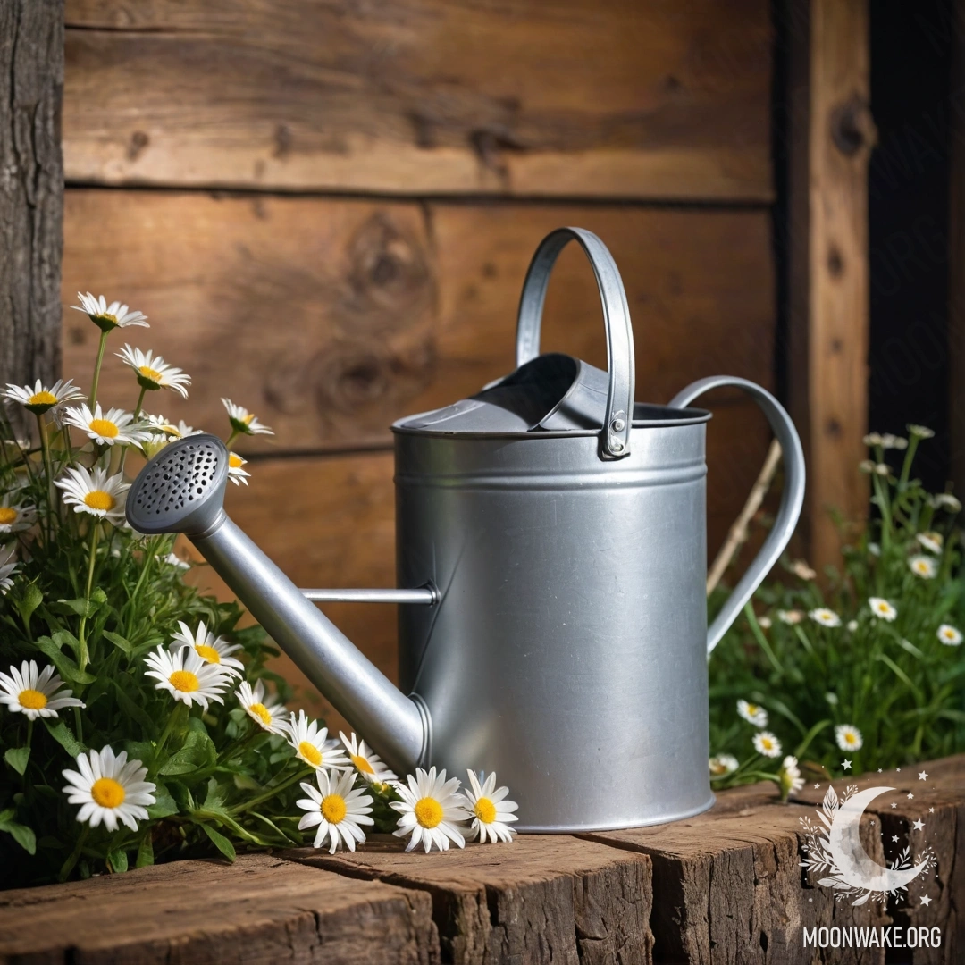 A vintage shabby watering can with daisies and field herbs against a log wall at night.