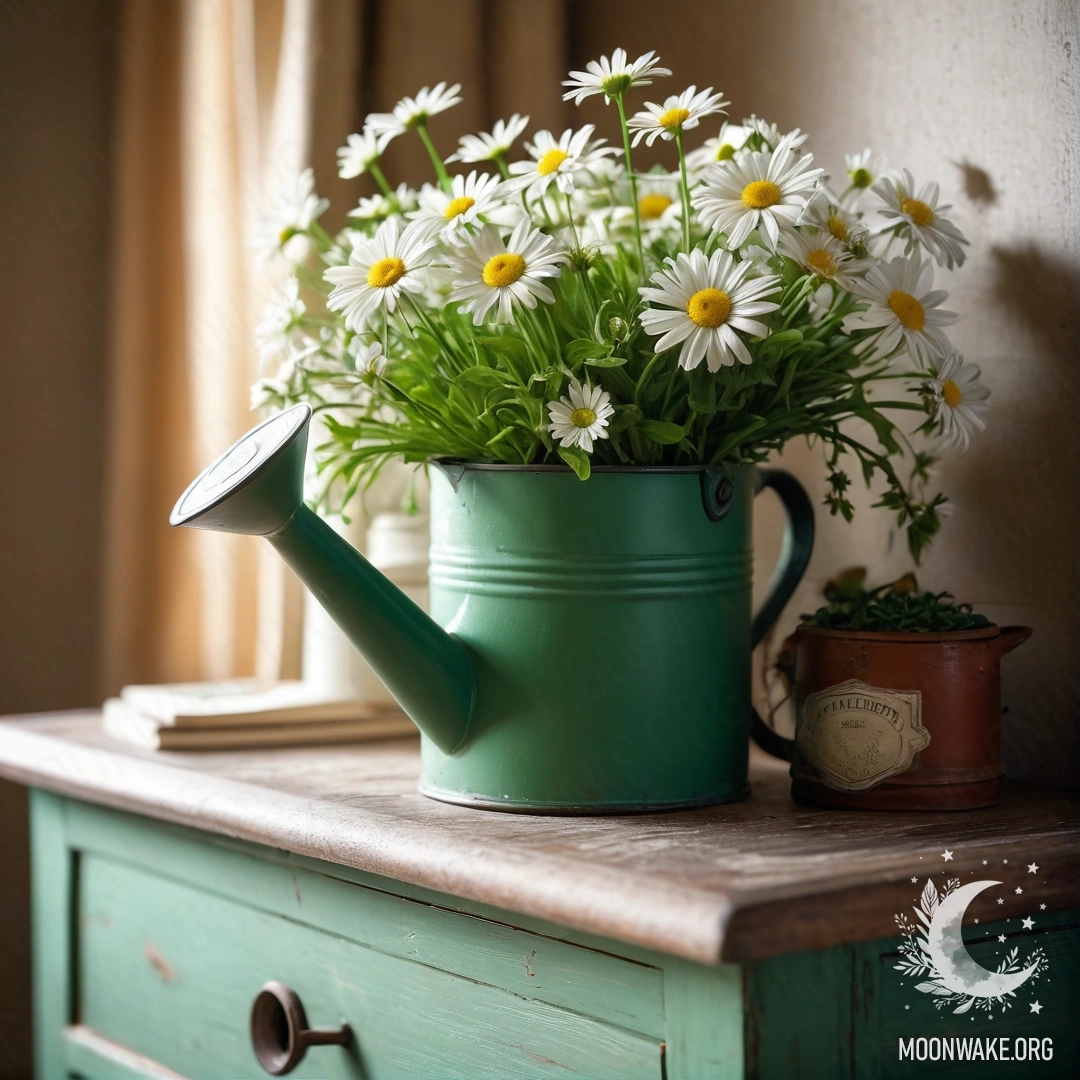 A vintage green watering can adorned with daisies on a nightstand.