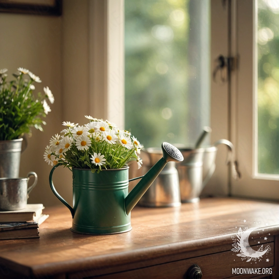 Vintage Watering Can with Daisies A vintage green watering can with daisies on a nightstand.