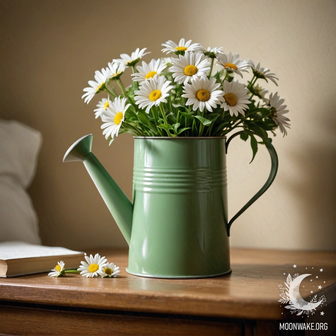 A vintage green watering can adorned with daisies on a nightstand.