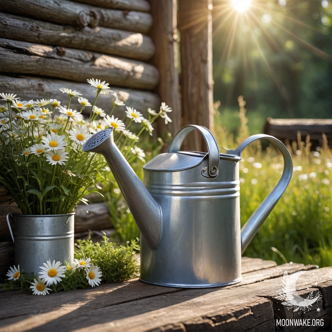 A vintage shabby watering can filled with daisies and field herbs against a log wall, illuminated by sun rays.