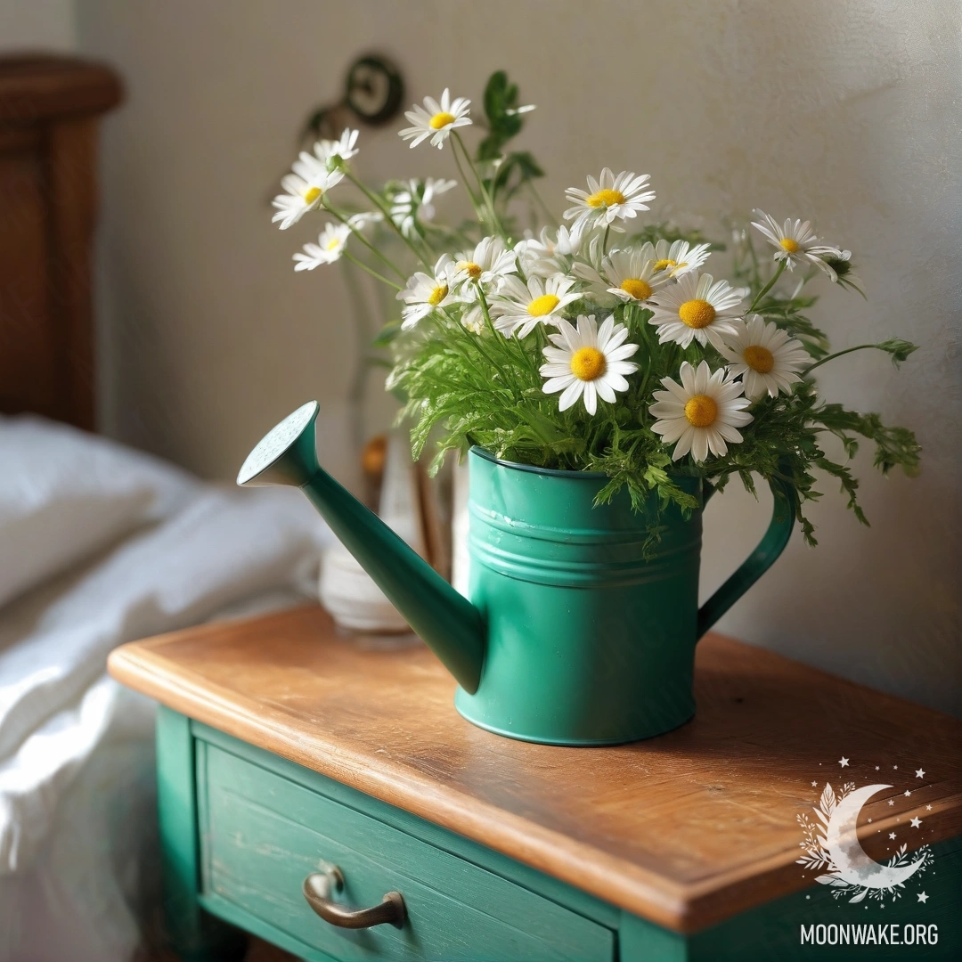 A vintage green watering can adorned with daisies on a nightstand.