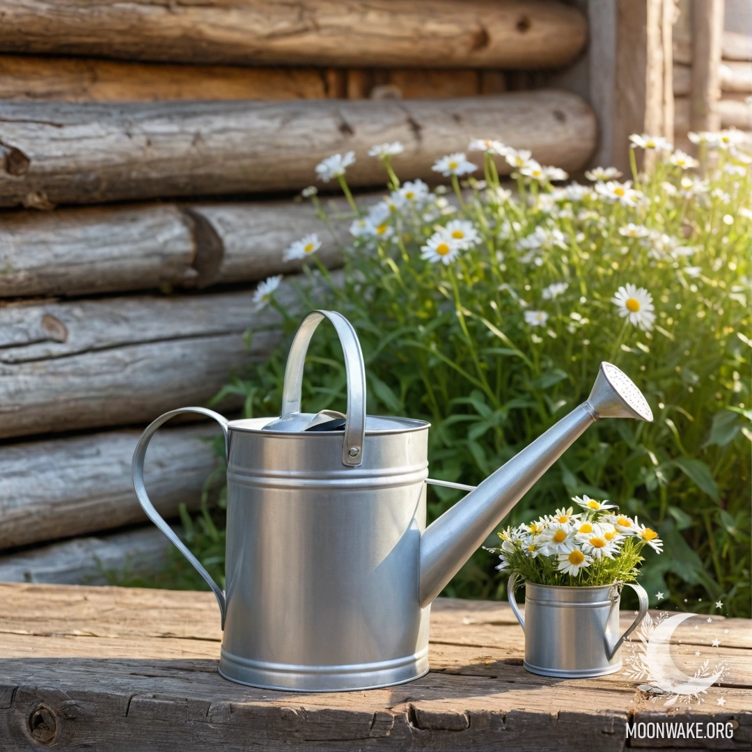 A vintage shabby watering can adorned with daisies and field herbs against a log wall, illuminated by gentle sun rays.