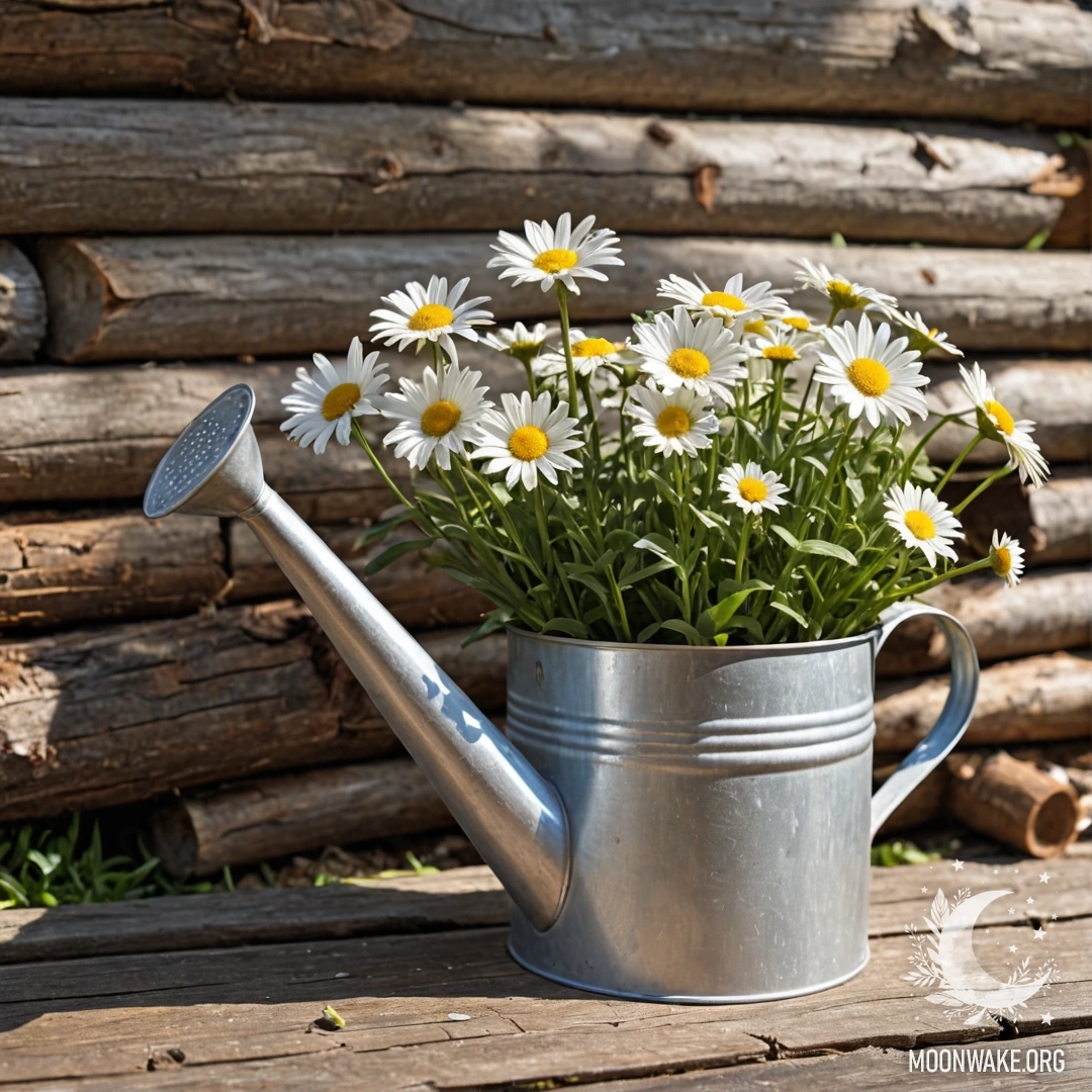 Vintage Watering Can with Daisies A vintage shabby watering can filled with daisies and field herbs, illuminated by sun rays, against a log wall.