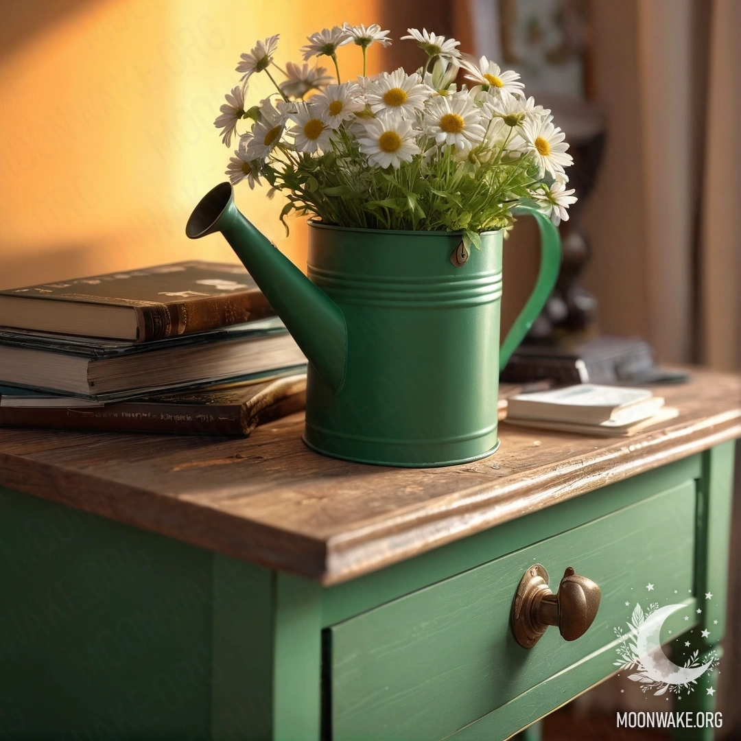 A vintage green watering can with daisies on a nightstand during sunset