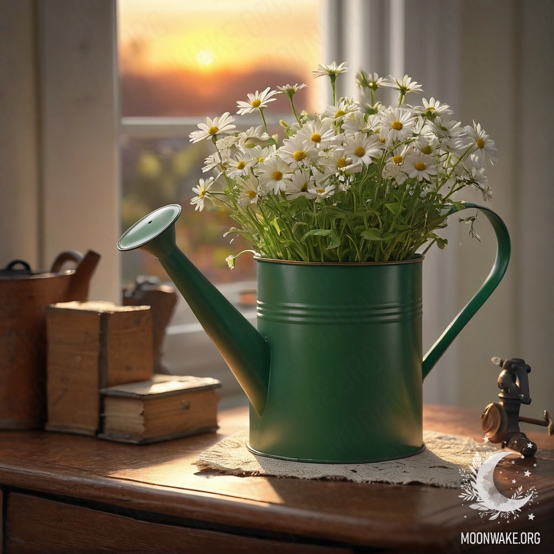 A vintage green watering can adorned with daisies on a nightstand, bathed in sunset light.