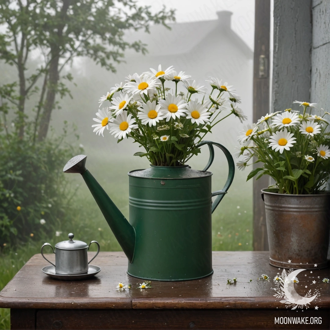 A vintage green watering can decorated with white daisies sits on a nightstand, surrounded by dense fog.