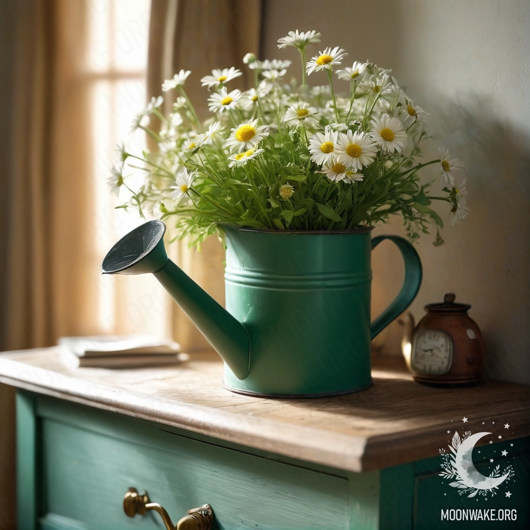 Vintage Watering Can with Daisies on Nightstand A vintage green watering can with daisies on a nightstand, illuminated by sun rays.