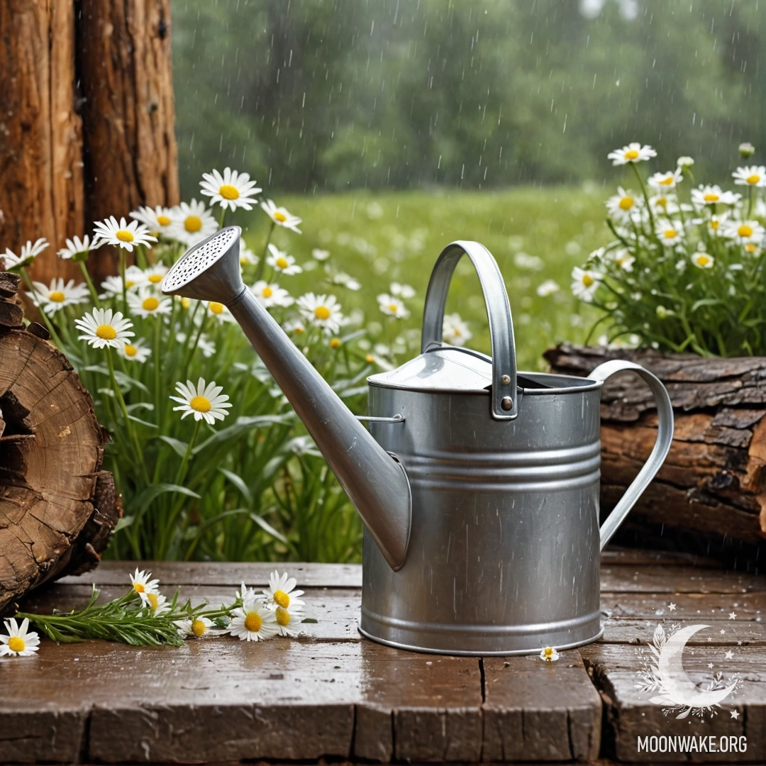 Vintage Watering Can with Daisies Under Rain A vintage shabby watering can filled with daisies and field herbs against a log wall, gently illuminated by the rain.