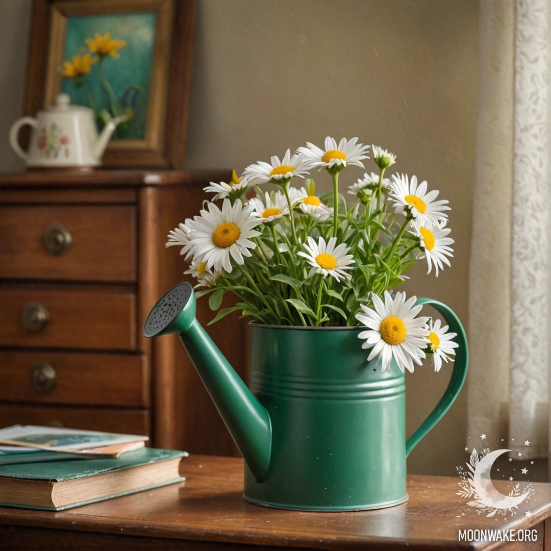 Vintage Watering Can with Daisies A vintage green watering can adorned with daisies on a nightstand.