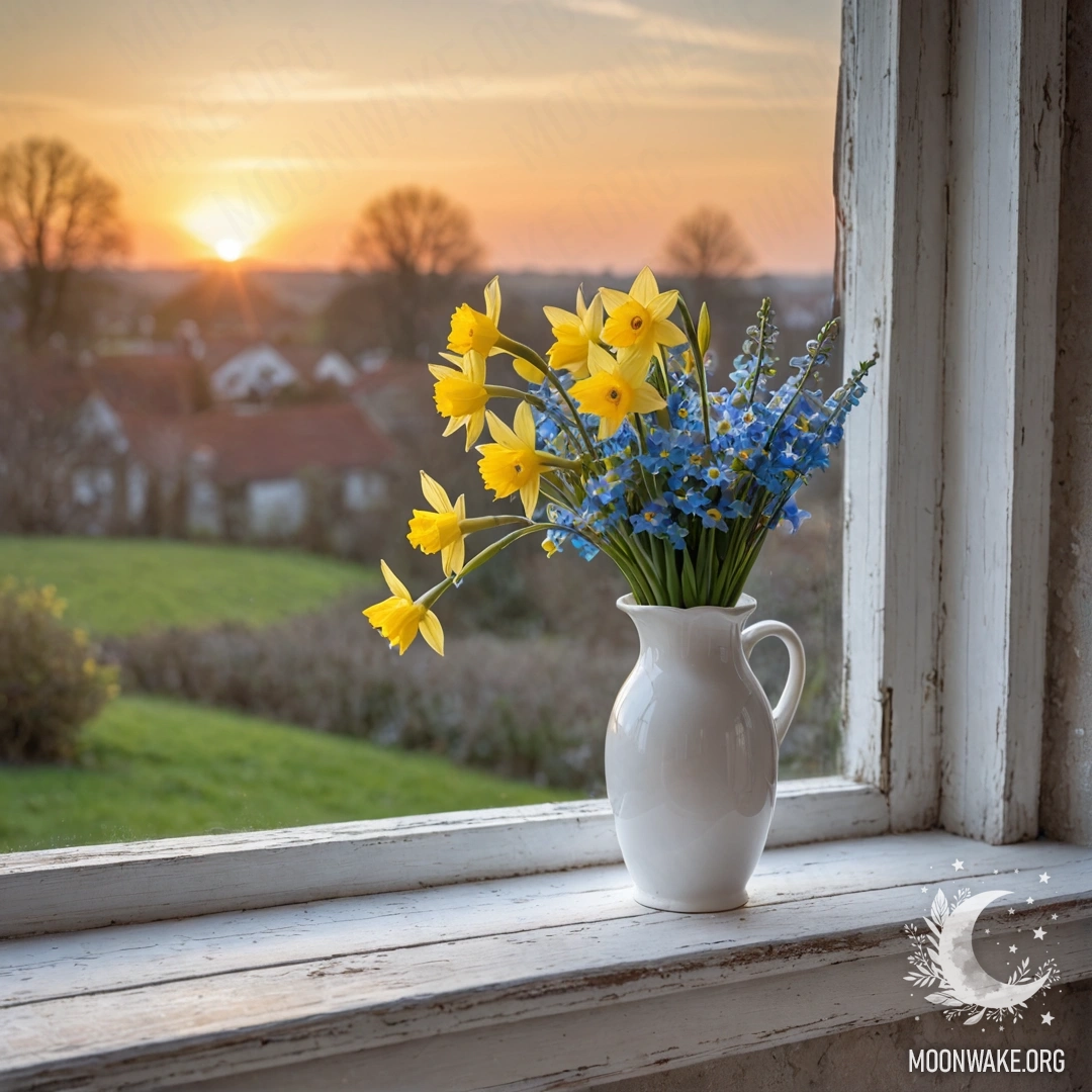 A white porcelain vase with daffodils and forget-me-nots on an old wooden window sill during sunset.