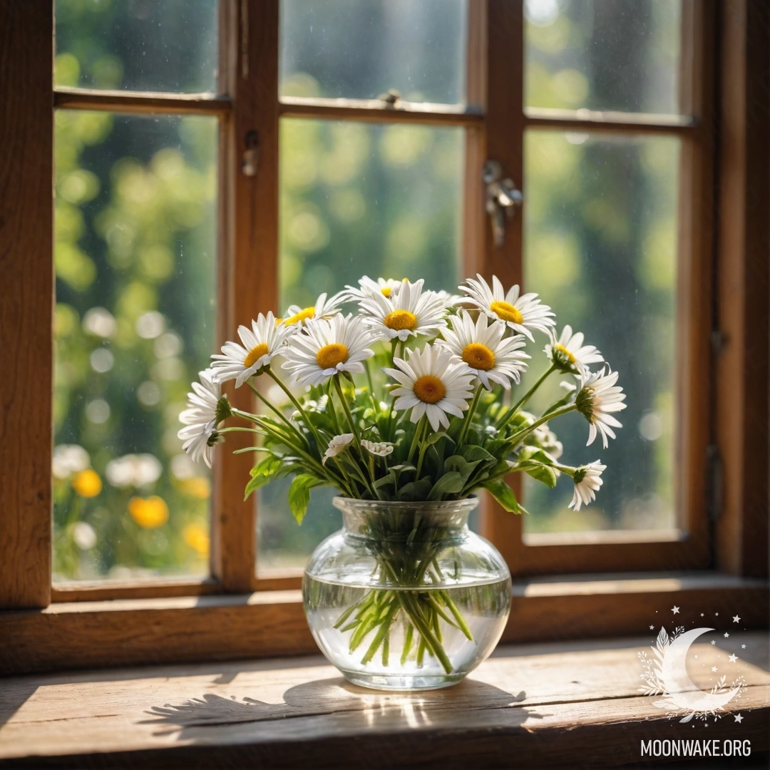 A glass vase filled with daisies sitting on a vintage wooden windowsill, illuminated by sun rays.