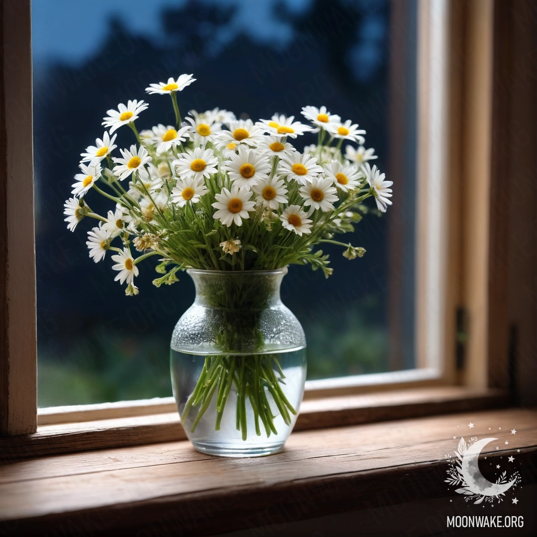 A vintage wooden windowsill holding a glass vase filled with daisies at night.