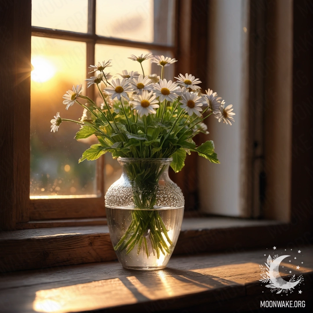 A glass vase with daisies resting on a wooden vintage windowsill during sunset.