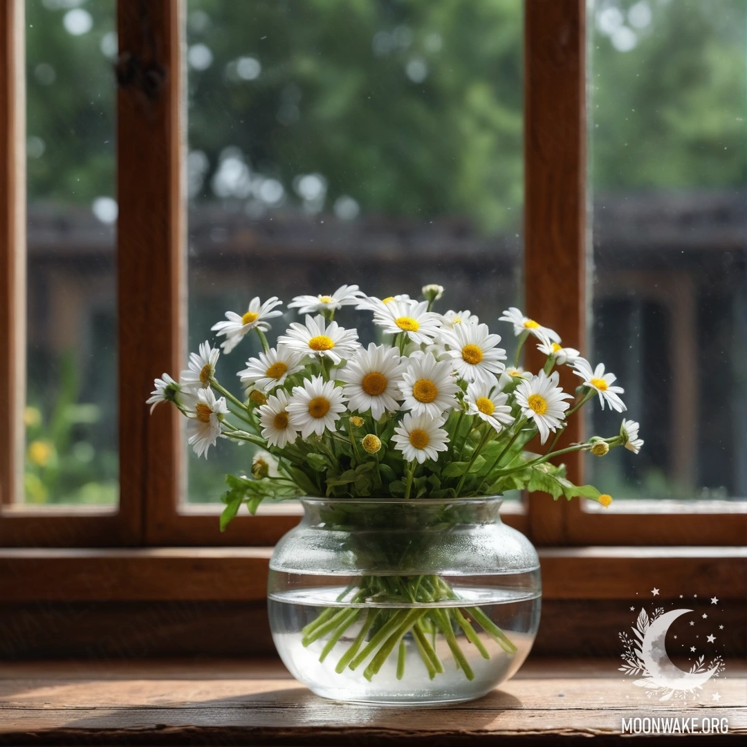 A glass vase filled with daisies on a vintage wooden windowsill.