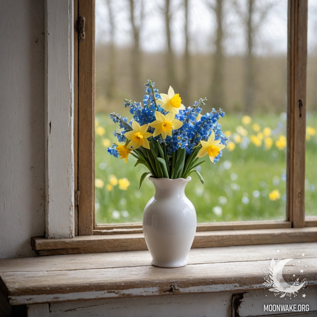 An old wooden window sill adorned with a white vase filled with daffodils and forget-me-nots, gently illuminated by garland lights.