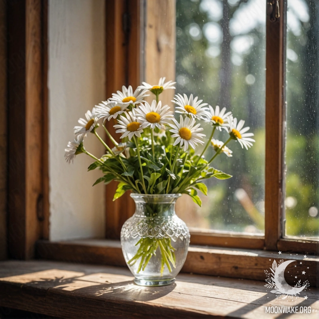 A glass vase with daisies set on a vintage wooden windowsill, illuminated by sunlight.