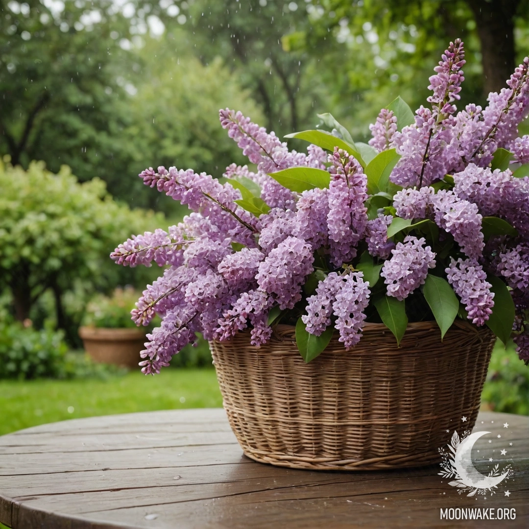 Vintage Wooden Table in Rainy Garden A vintage wooden table with a basket of lilacs in a garden, rain falling.