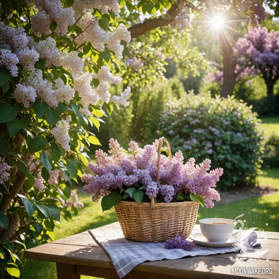 A vintage wooden table with a basket of lilacs in a garden with sunlight.
