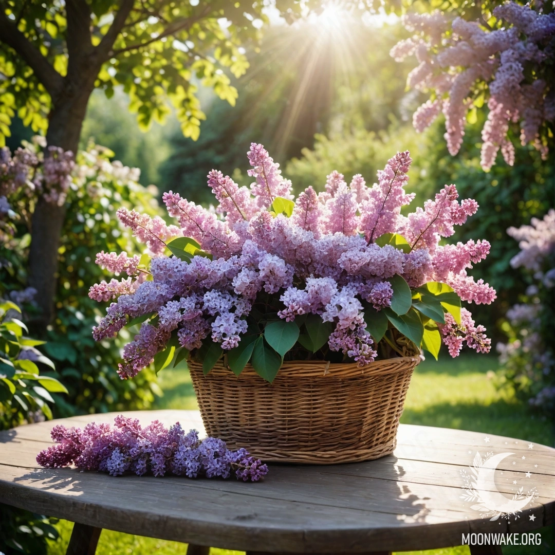 Vintage Wooden Table with Lilacs in Garden A vintage wooden table with a basket of lilacs in a sunlit garden.